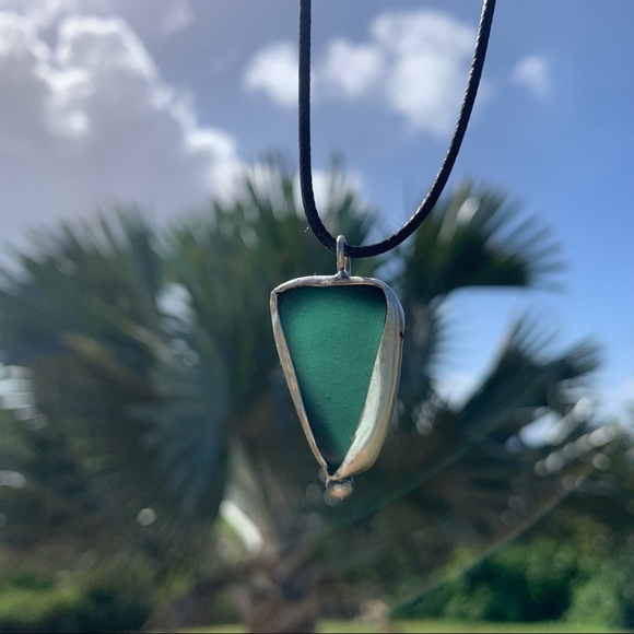 *SOLD* Handmade silver soldered necklace rare teal blue Sea glass Puerto Rico - Picture 4 of 6